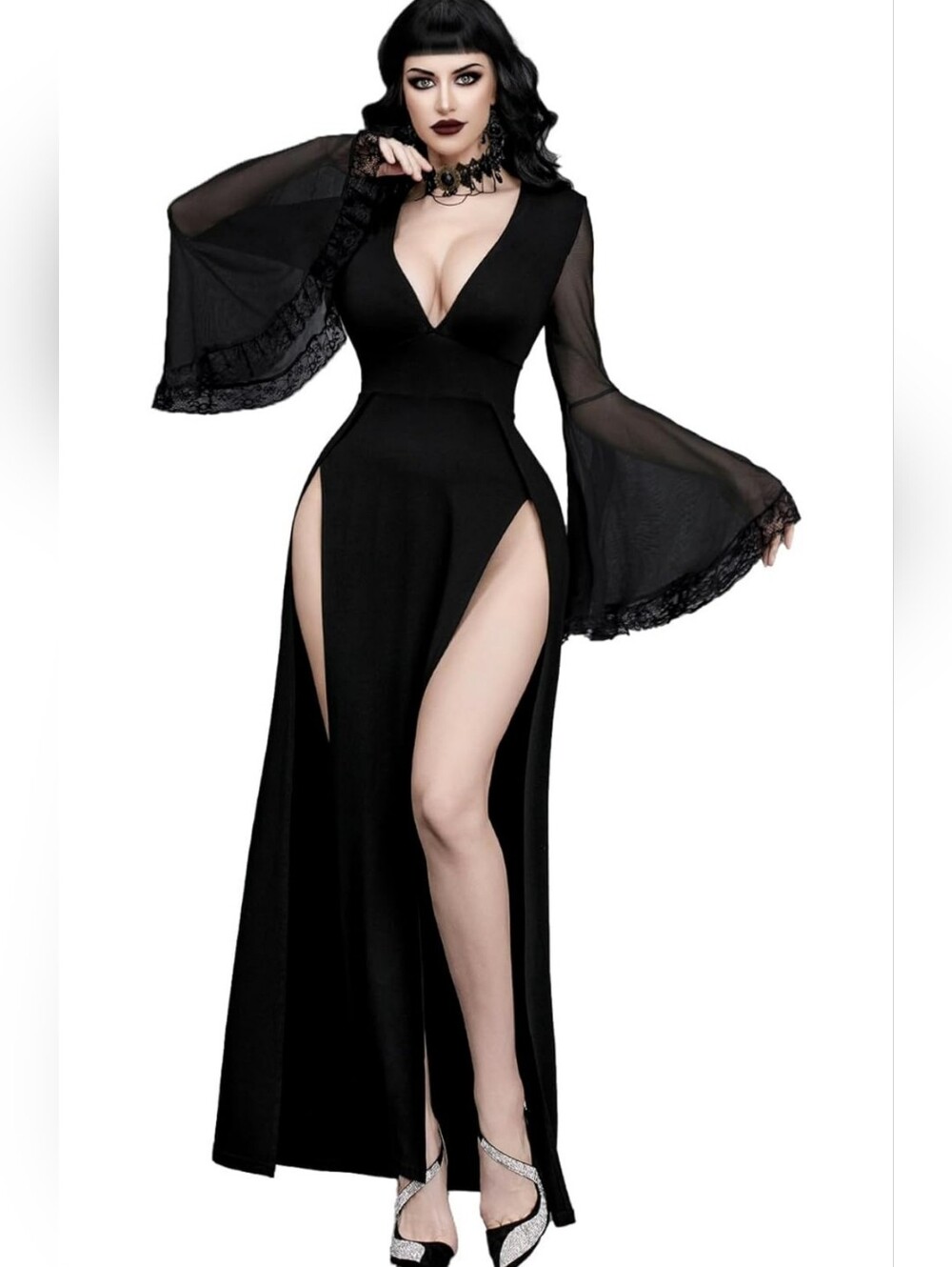 Women Gothic V Neck High Slit Witch Sleeve Lace Patchwork Ghost Bridal Goth